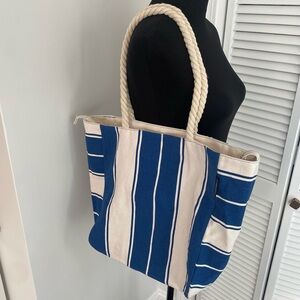 EUC -Lancôme Paris blue and white striped canvas beach tote bag